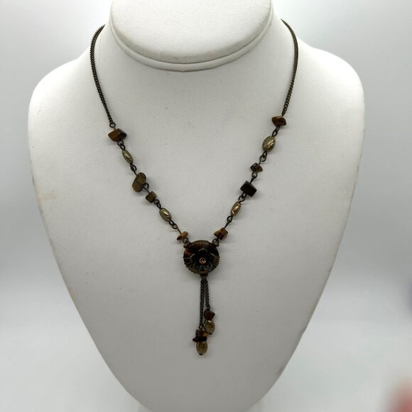 Nina Ricci For Avon Tiger Eye Necklace Dangle Floral Vintage Brass-tone - Picture 6 of 15